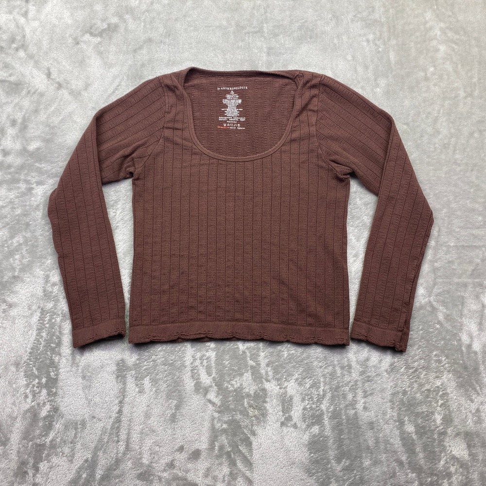 Anthropologie Brown Ribbed Scoop Neck Long Sleeve Top Scalloped Hem‎ Medium